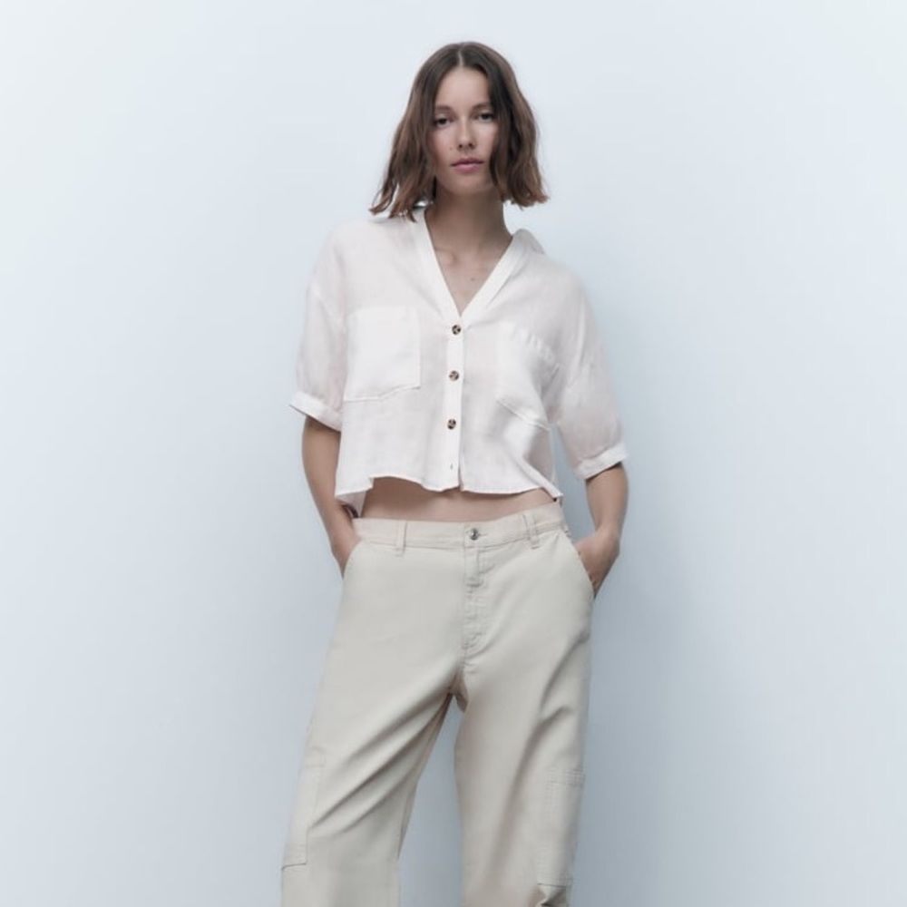 Zara White Short Sleeve Linen Button Front Cropped Cotton Top